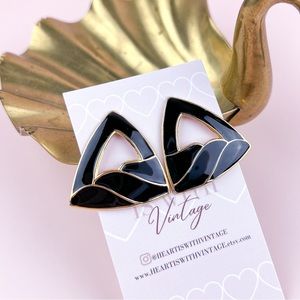 Vintage 80s Black Gold Art Deco Style Statement Stud Earrings